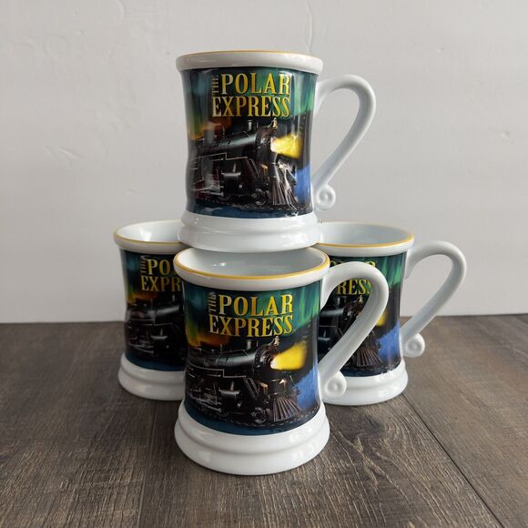 Warner Brothers The Polar Express Set of 4 Christmas 3D Coffee Cocoa Mugs Cups - Picture 1 of 7